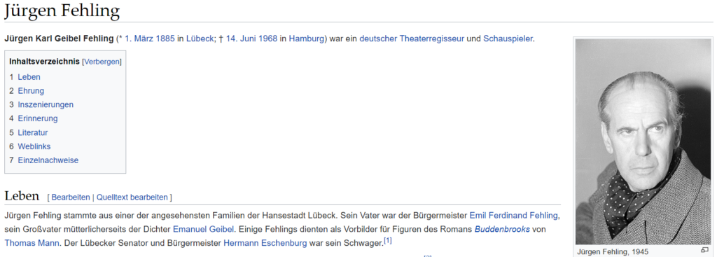 Wikipedia zu Jürgen Fehling (Screenshot, 19.9.2023 ) 