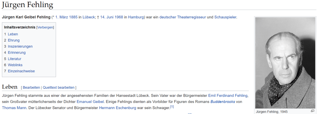 Wikipedia zu Jürgen Fehling (Screenshot, 19.9.2023 )